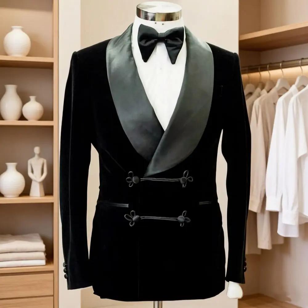 Veste de fumée en velours noir style preppy pour hommes, blazer élégant pour mariages et événements de fête
