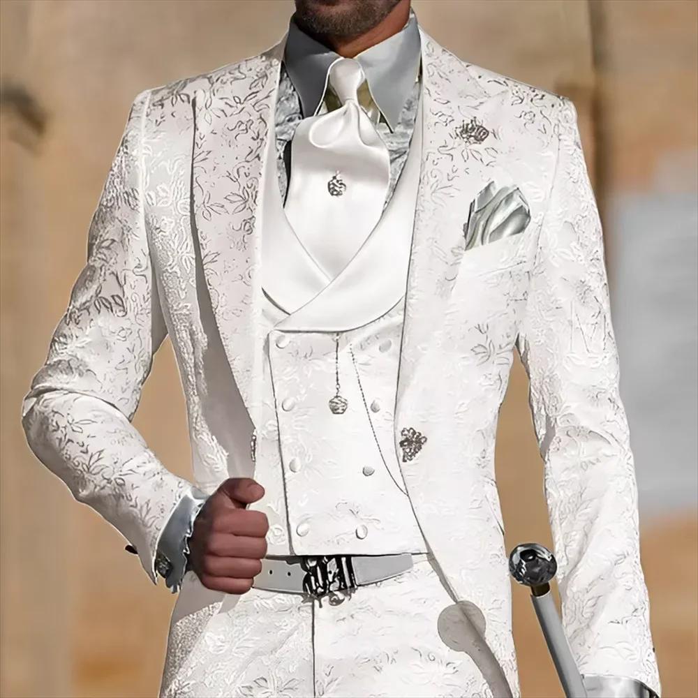 Costume de mariage pour homme en jacquard floral blanc