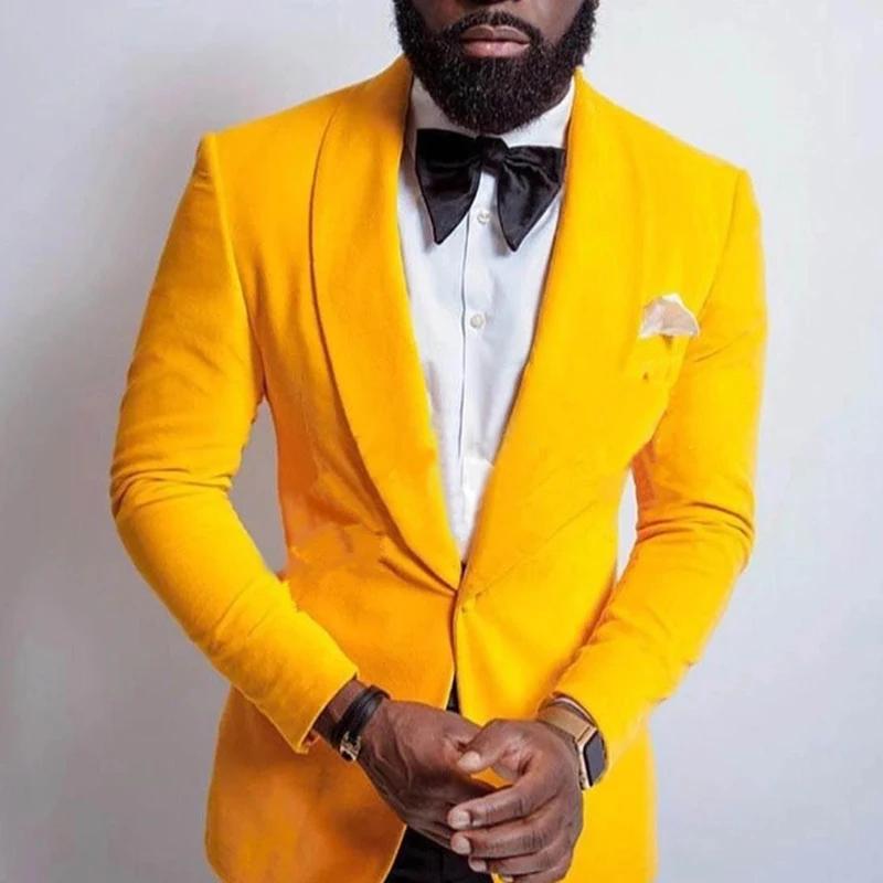 Velours jaune hommes costume veste une pièce bal Blazer pour mariage garçons d'honneur châle revers personnalisé mâle mode manteau dernier Style 2022