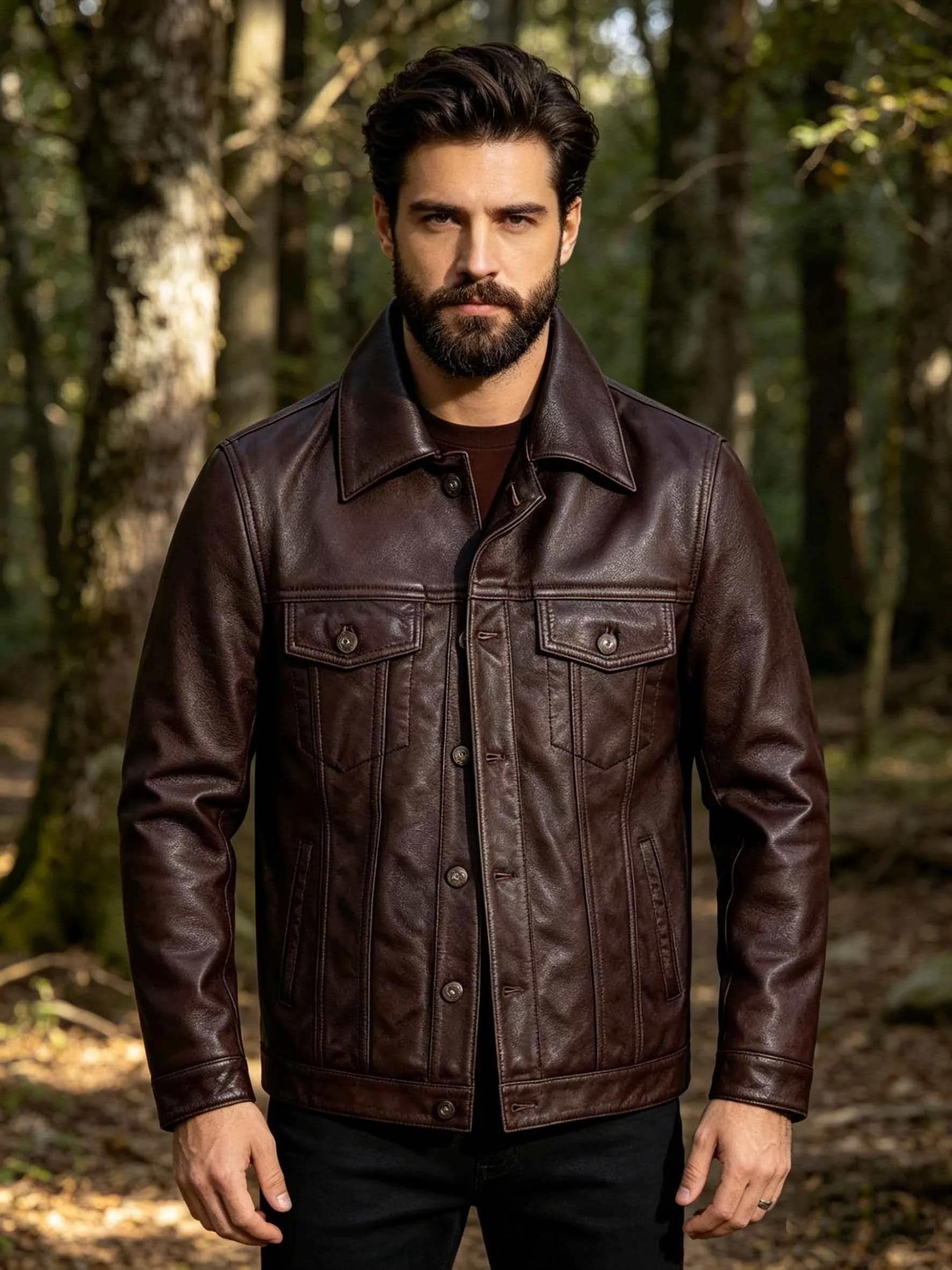 Veste en cuir marron rouge automne pour homme