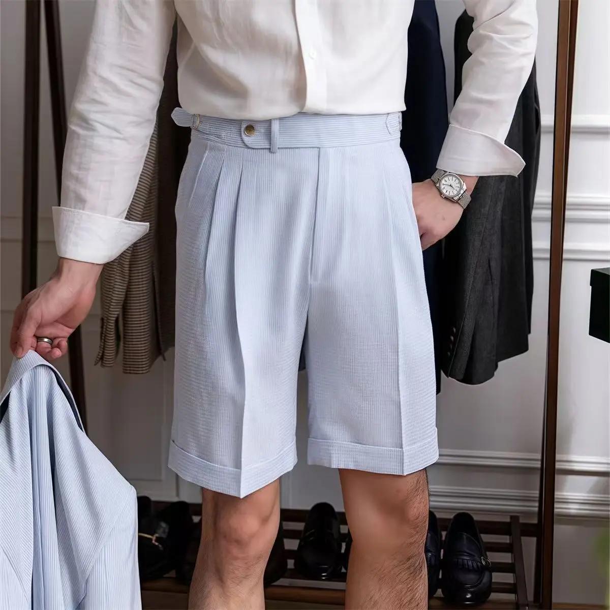 Style italien Naples costume Shorts hommes rayures bleues Seersucker taille haute Paris boucle mode angleterre affaires