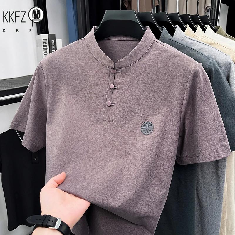 T-shirt décontracté pour homme à col mandarin et manches courtes
