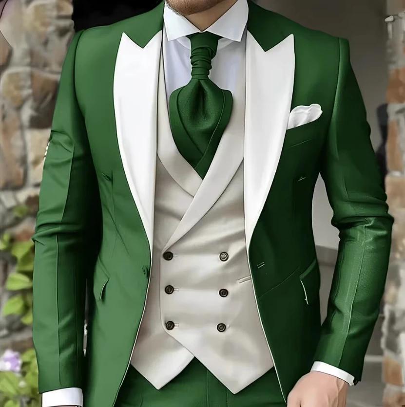Men Suit White Classic 3 Pieces Wedding Suits Set Fashion Men Business Tuxedo Peaked Lapel Groomsmen Blazer Pants Vest