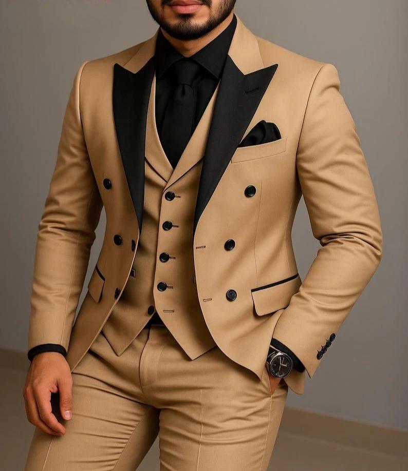 Costume beige à double boutonnage, costume de mariage ajusté à revers noir