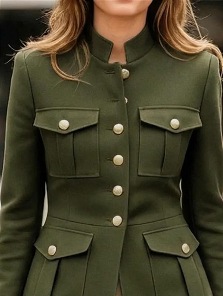 UOOZEE vestes de Style militaire pour femmes vert armée col montant bouton doré coupe ajustée multi-poches décontracté bureau Blazer vêtements d'extérieur