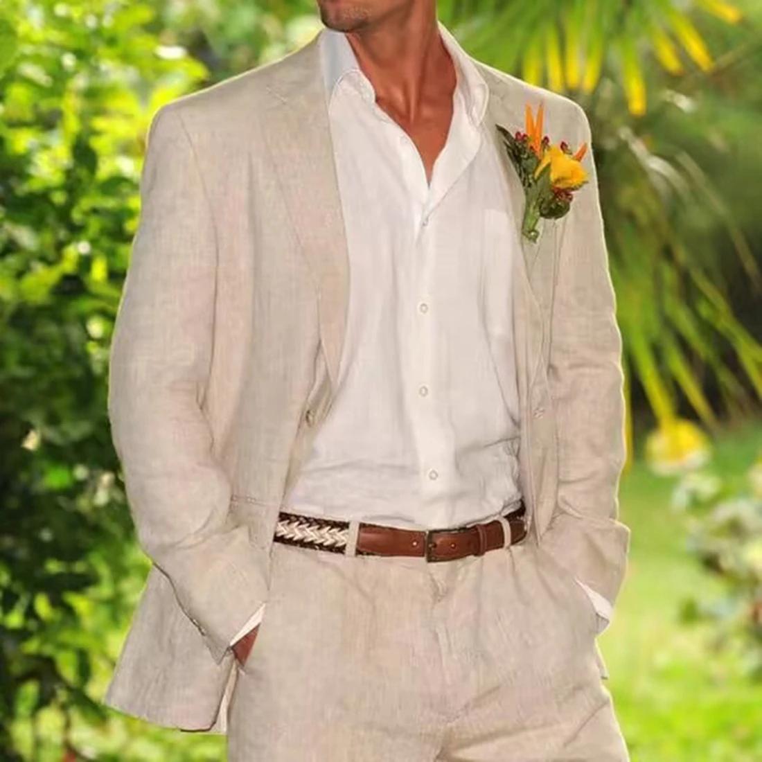 Costume 2 Pièces en Lin Bleu Clair et Beige pour Homme