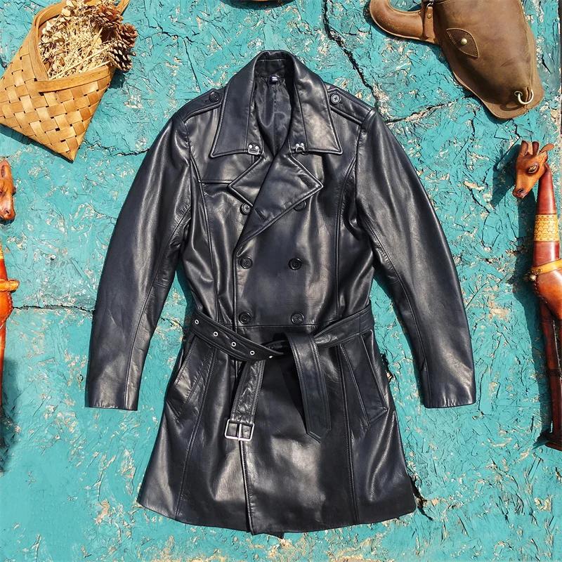 Veste longue en cuir noir pour hommes