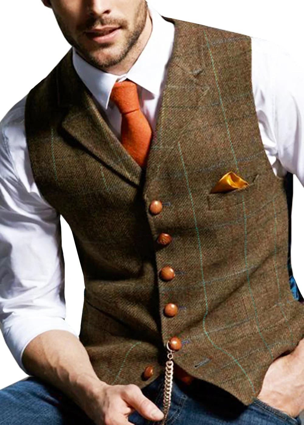 Gilet de costume pour homme en laine à chevrons et tweed