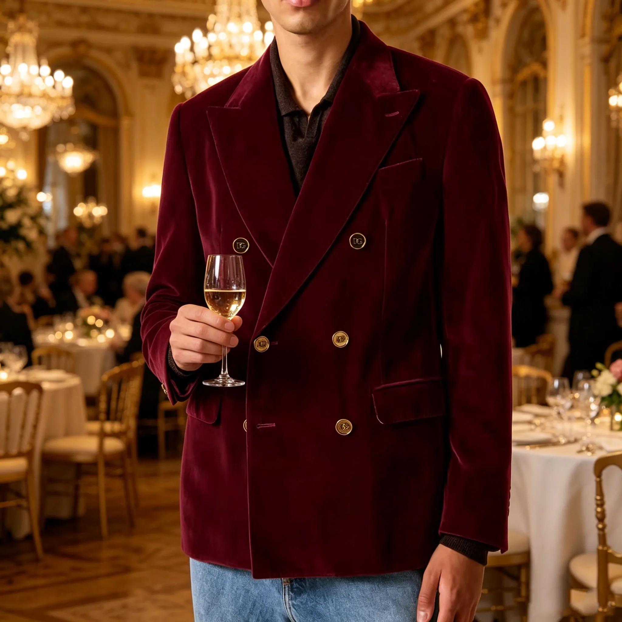 Blazer de costume de luxe pour homme en velours bordeaux