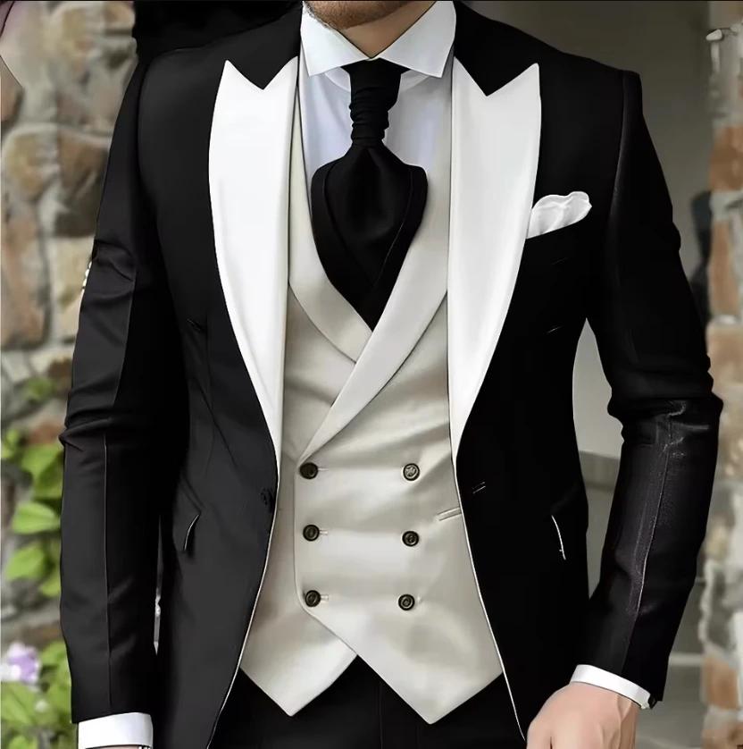 Men Suit White Classic 3 Pieces Wedding Suits Set Fashion Men Business Tuxedo Peaked Lapel Groomsmen Blazer Pants Vest