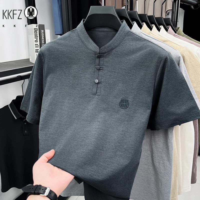 T-shirt décontracté pour homme à col mandarin et manches courtes