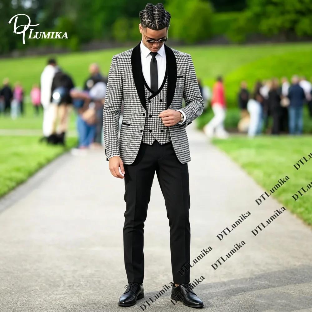 Costume trois pièces pour homme DTLumika à motif pied-de-poule (blazer + gilet + pantalon)