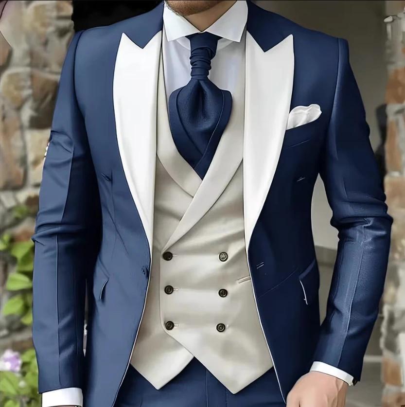 Men Suit White Classic 3 Pieces Wedding Suits Set Fashion Men Business Tuxedo Peaked Lapel Groomsmen Blazer Pants Vest