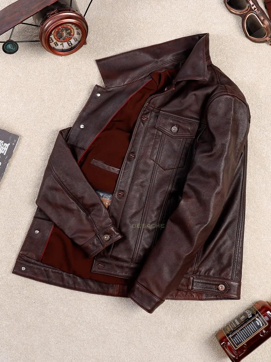 Veste en cuir marron rouge automne pour homme