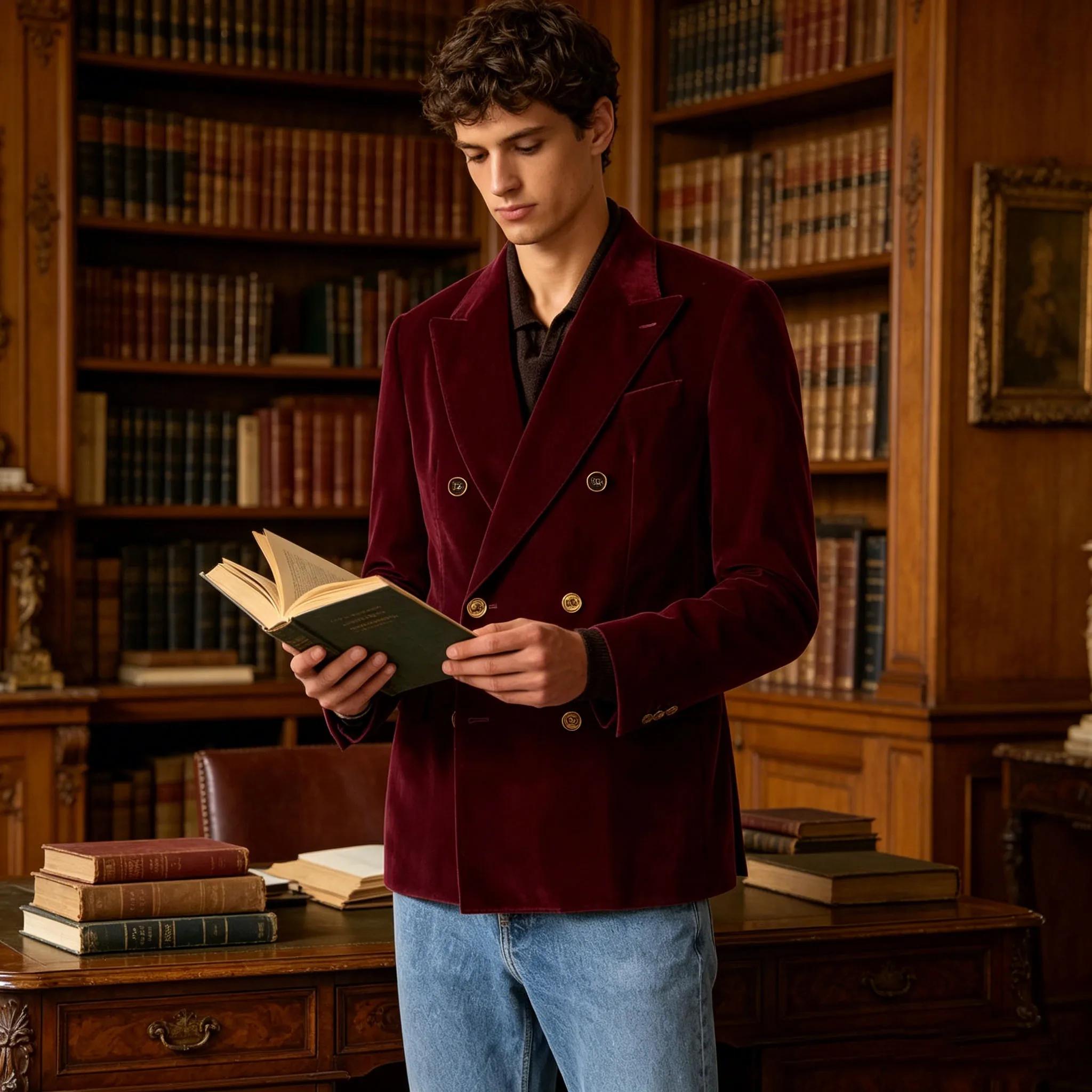 Blazer de costume de luxe pour homme en velours bordeaux