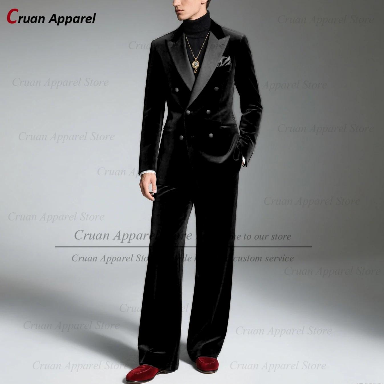 Costume Double boutonnage en velours bleu marine pour hommes