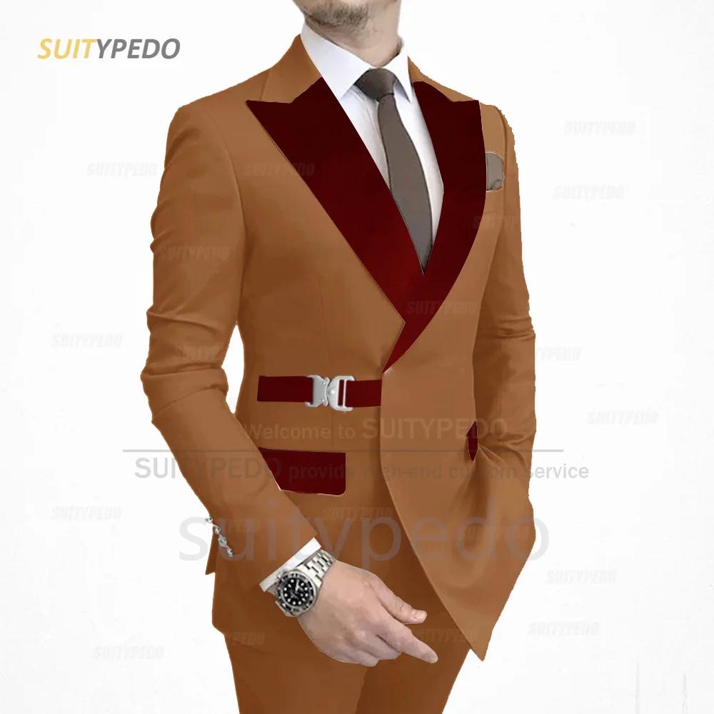 Ensemble Veste à Revers en Velours Bordeaux pour Homme