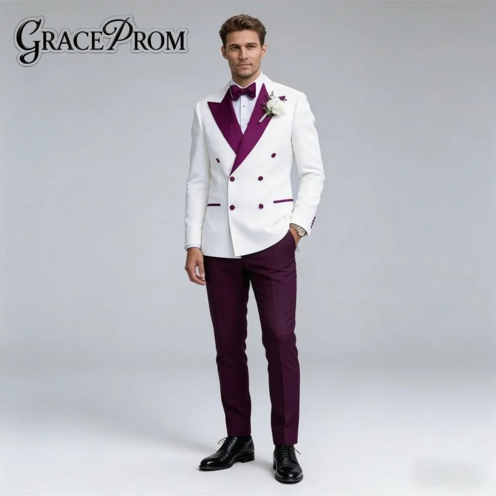 Costume de Mariage Homme Élégant Blanc et Violet avec Revers Châle