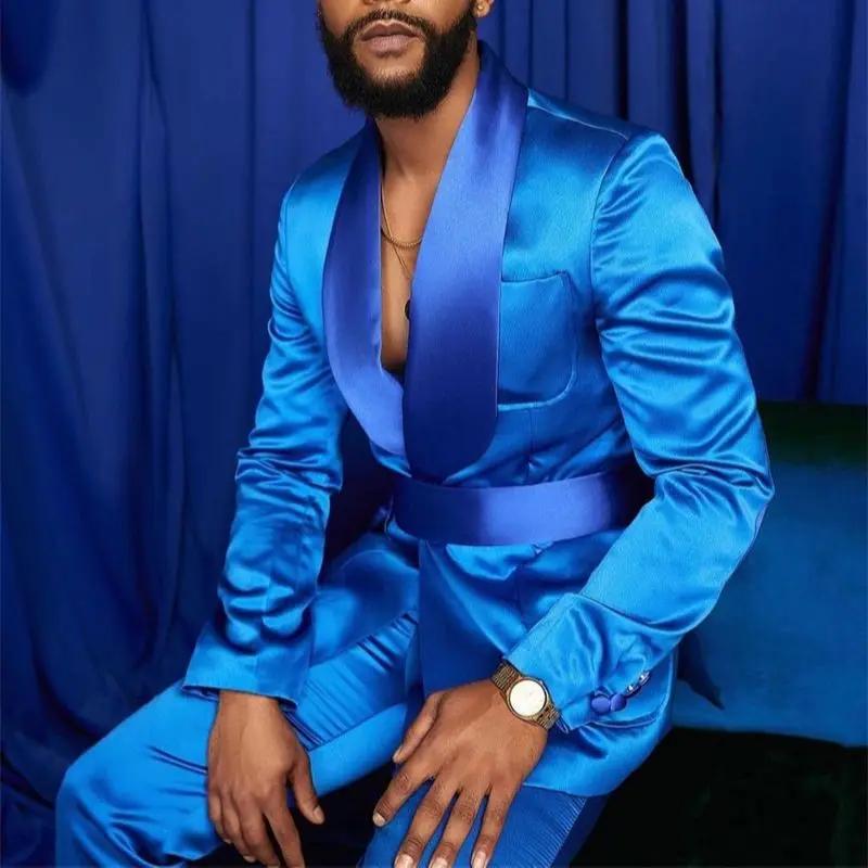 Nouvelle mode italienne argent hommes costumes Satin coupe ajustée bleu Royal brillant marié bal de mariage smoking sur mesure Blazer ensemble Costume Homme