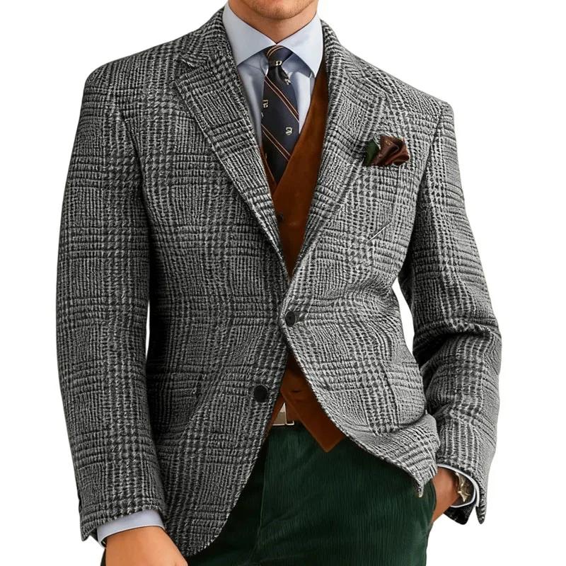 Automne hiver hommes costumes veste formelle simple boutonnage Plaid Blazer Tweed porter Tuxedos affaires décontracté