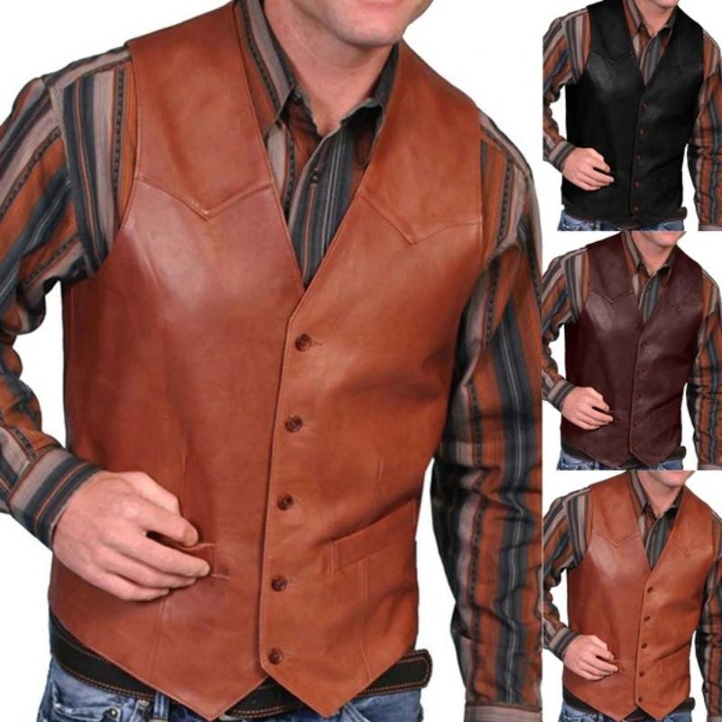 Gilet pour hommes d'affaires européens mode décontracté rétro couleur unie col en v bouton Western sans manches