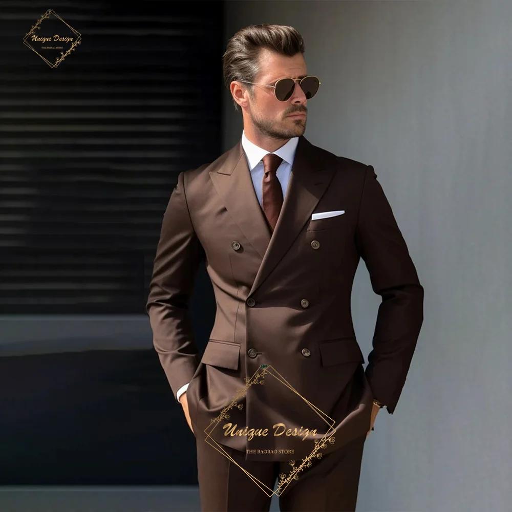 Costume élégant à Double boutonnage marron chocolat pour hommes