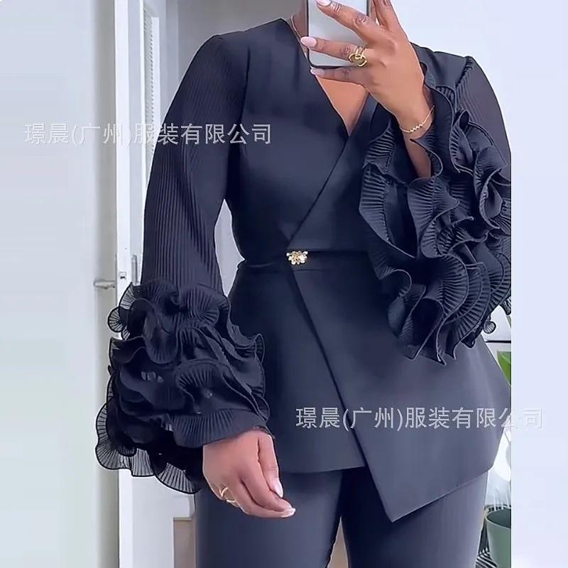 Ensemble assorti Blazer à manches longues Veste de costume Pantalon à bordure en dentelle