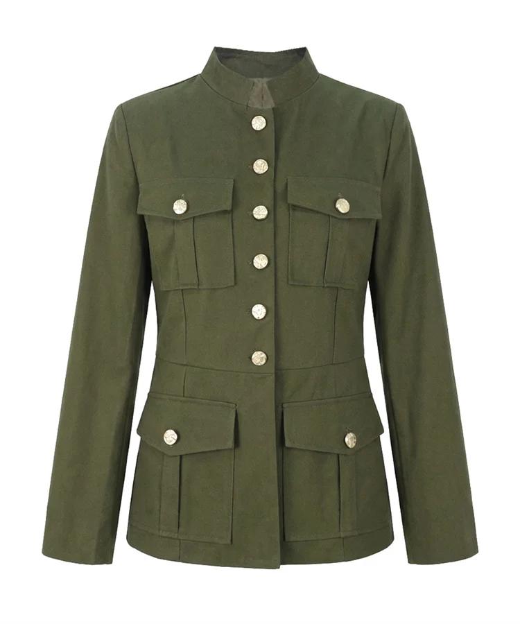 UOOZEE vestes de Style militaire pour femmes vert armée col montant bouton doré coupe ajustée multi-poches décontracté bureau Blazer vêtements d'extérieur