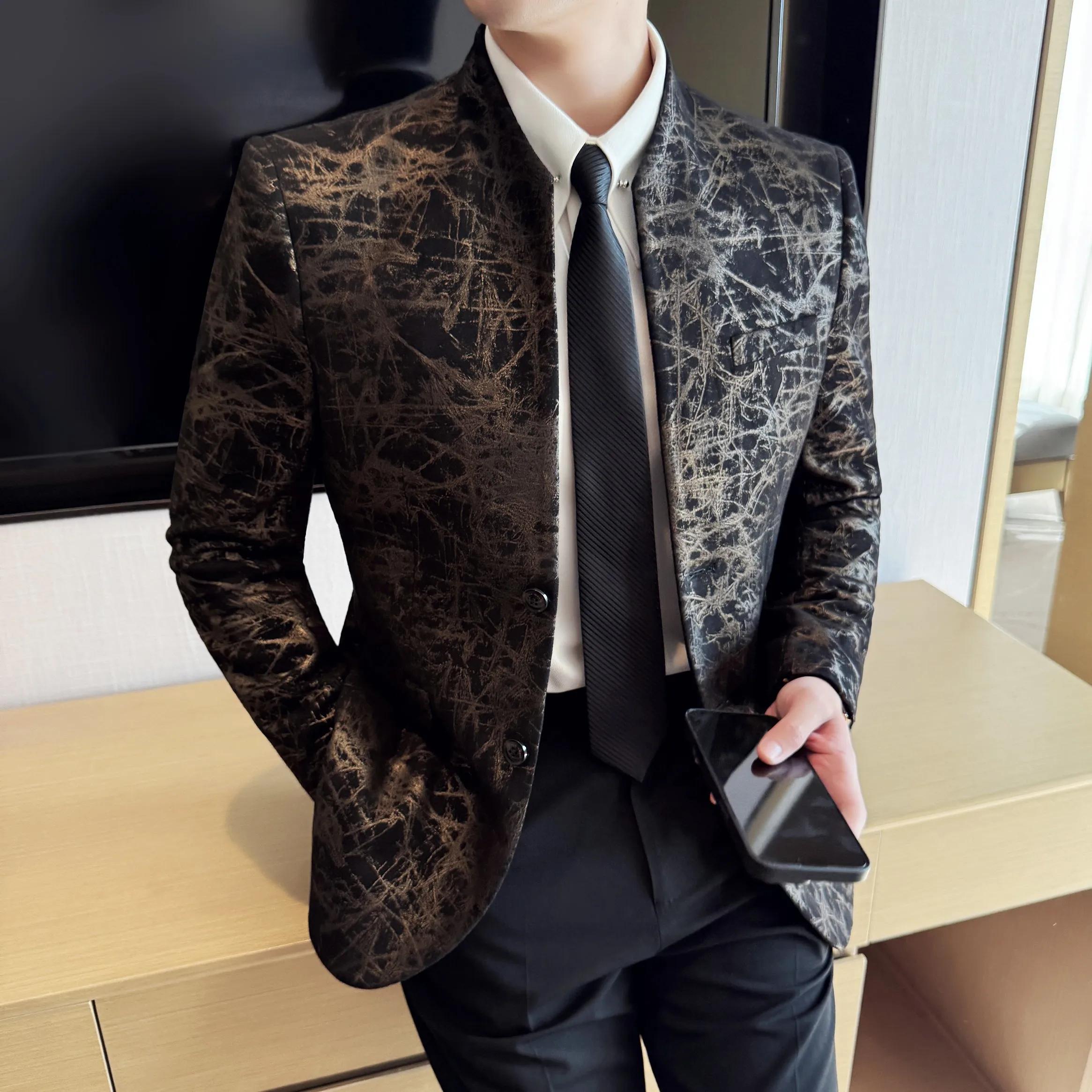 Veste de costume Jacquard à col montant pour hommes