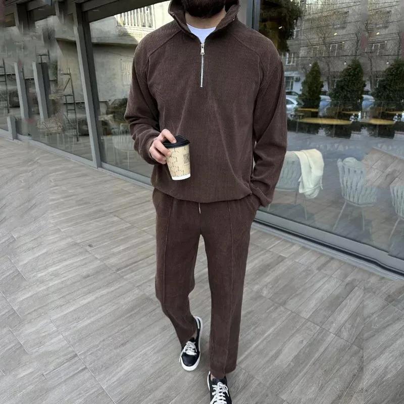 Nouveau costume décontracté pour homme en velours côtelé tendance avec col montant et demi-fermeture éclair