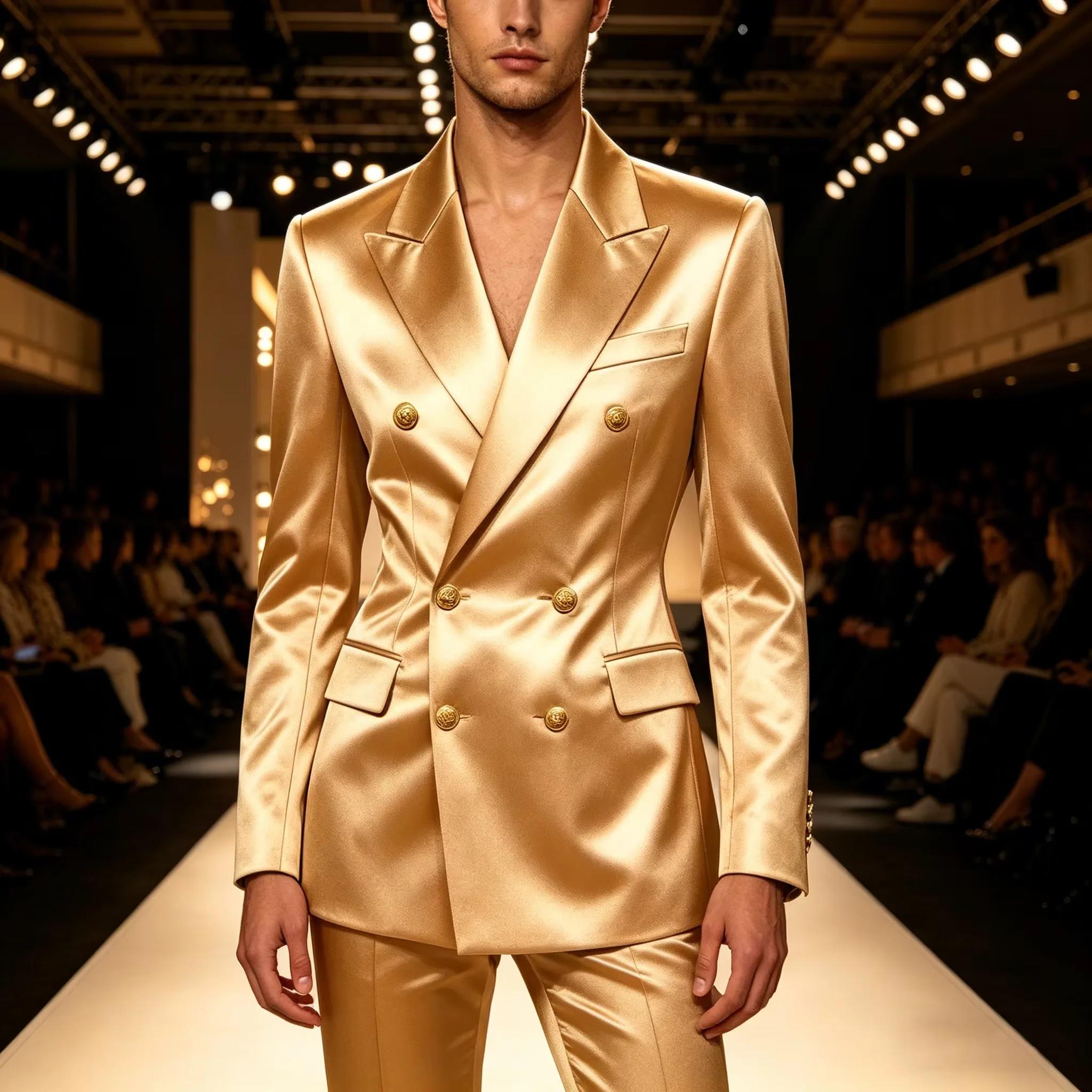 Ensemble de costume de luxe 2 pièces en satin pour homme – Blazer croisé à revers pointus et pantalon évasé – Tenue de