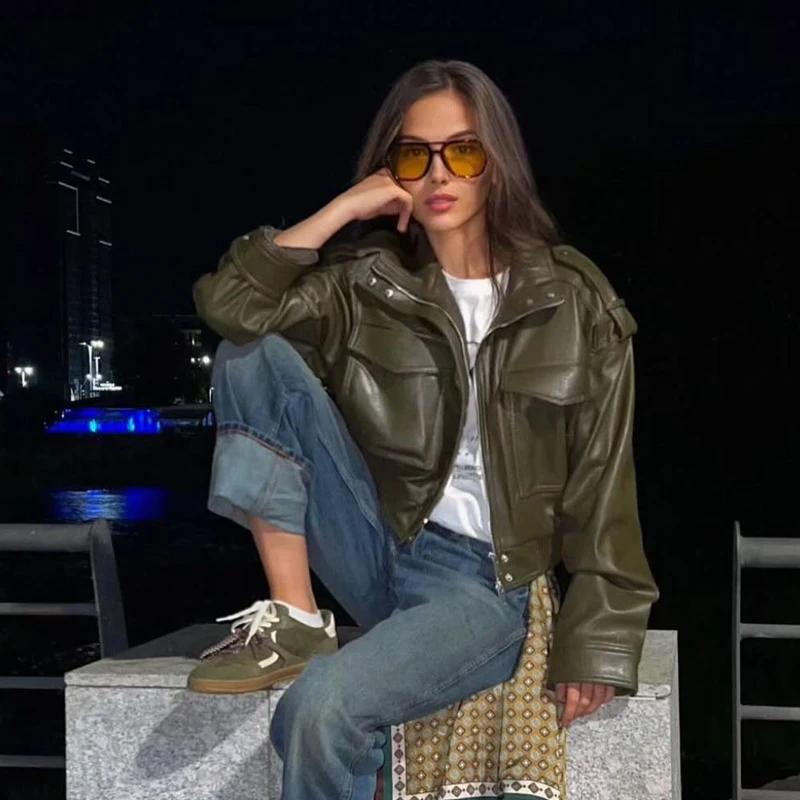 Veste femme veste simili cuir vert femme Demi-saison veste d'extérieur femme automne nouveau dans manteau coupe-vent Streetwear