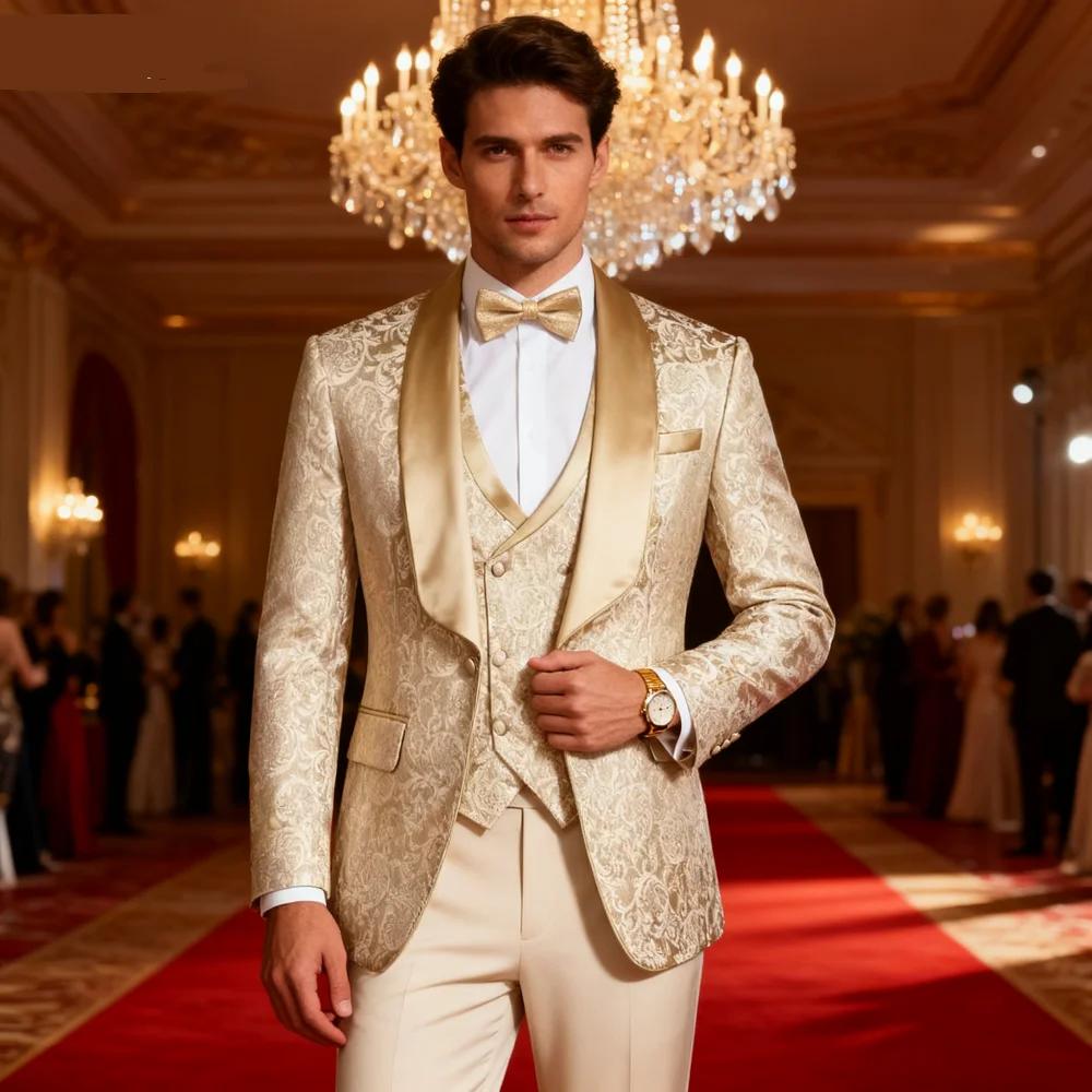 Costume de smoking formel 3 pièces en jacquard champagne pour homme avec blazer à revers châle