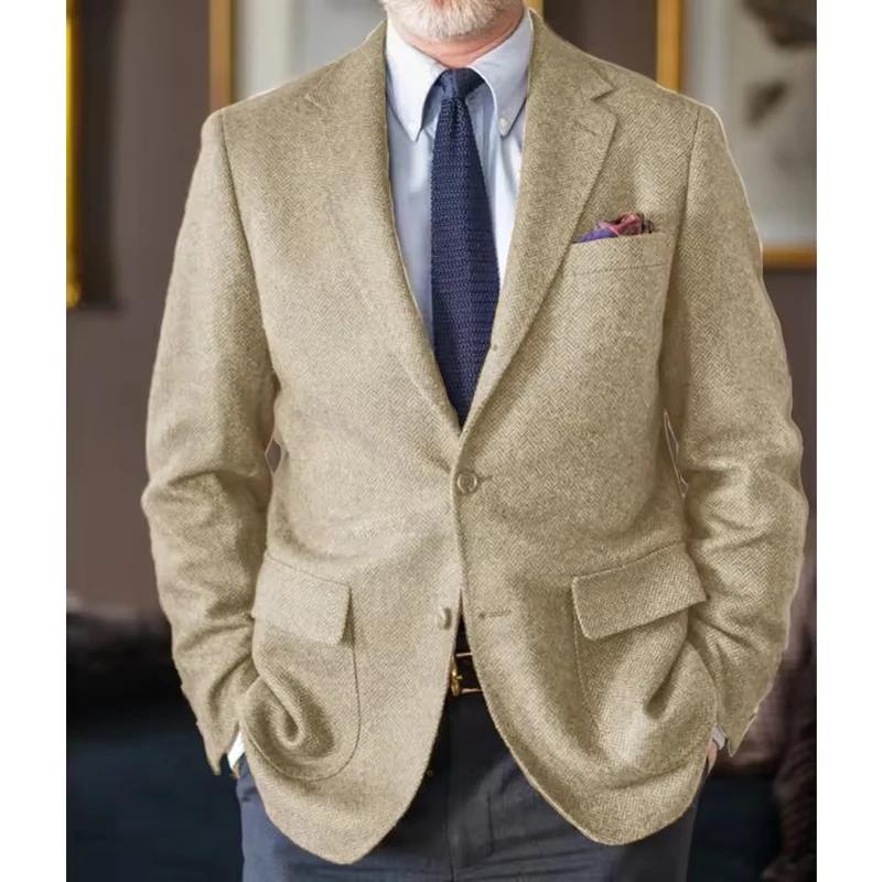 Blazer Homme en Tweed Chevrons Style Britannique à Revers Cranté et Deux Boutons – Veste Décontractée Vintage pour