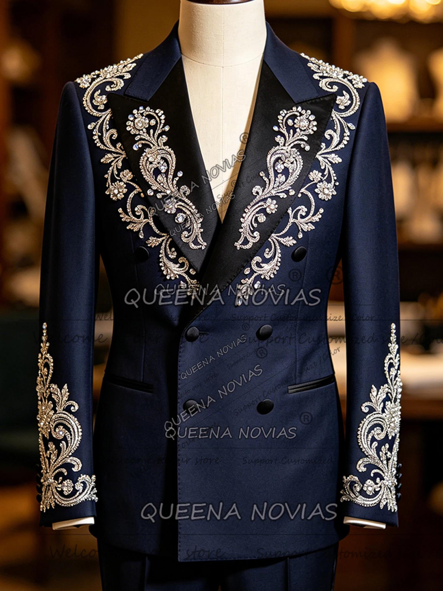 Costumes de Mariage Exclusifs pour Hommes – Ensembles 2 Pièces Veste Croisée et Pantalon avec Pierres Perlées – Blazers de Bal Personnalisés – Tenue Masculine 2026