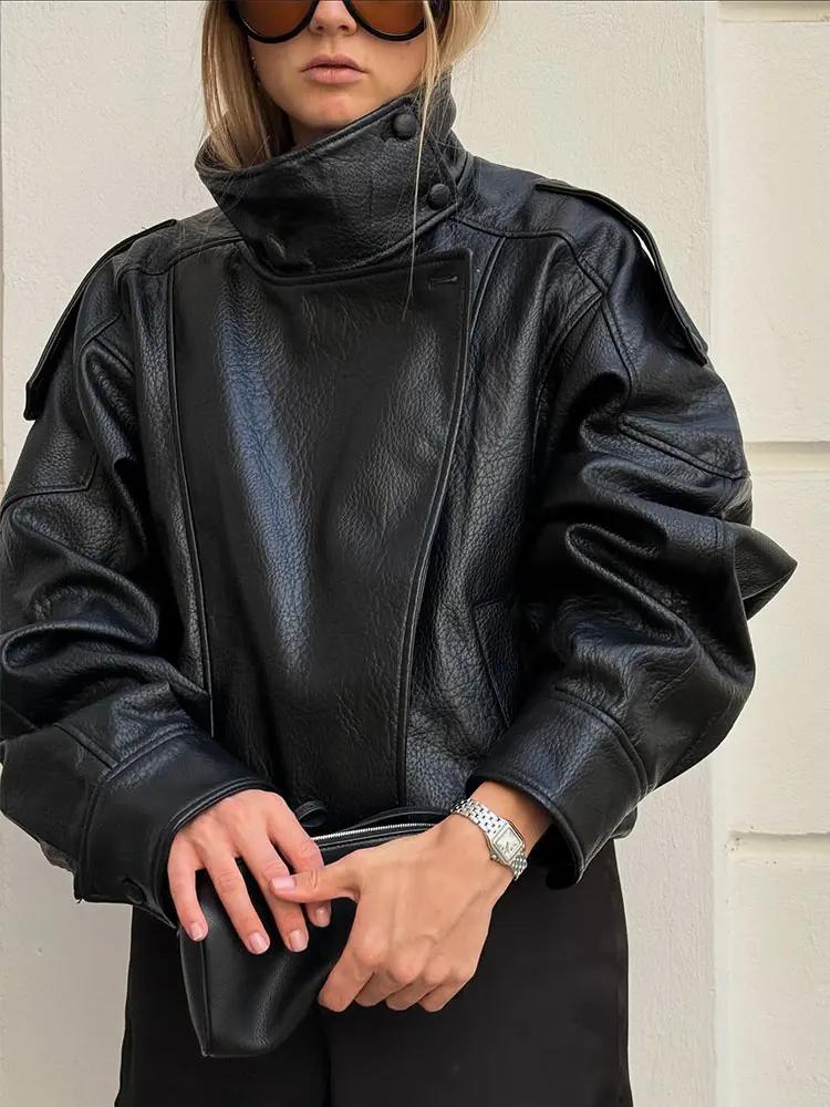 HH automne veste en simili cuir pour femmes décontracté solide fermeture éclair manches longues