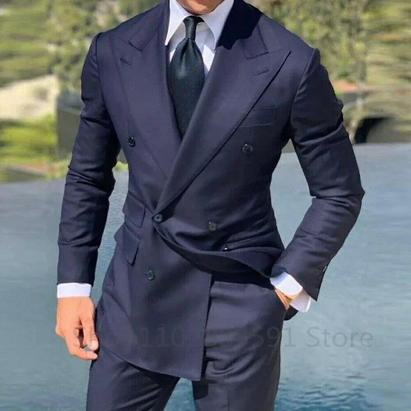 Costume Homme 2 Pièces Bleu Marine Croisé Slim Fit pour Mariage et Cérémonie – Blazer et Pantalon