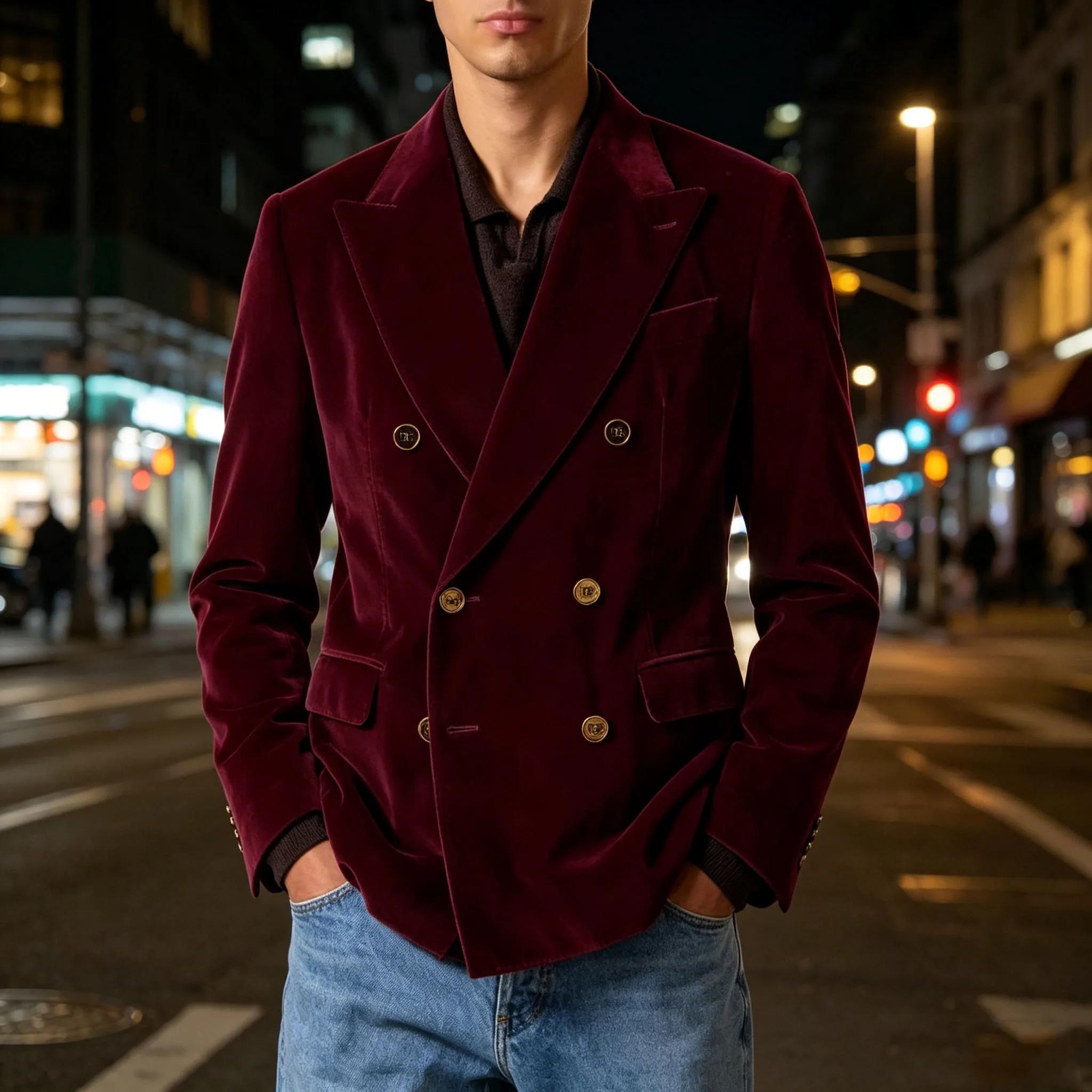 Blazer de costume de luxe pour homme en velours bordeaux