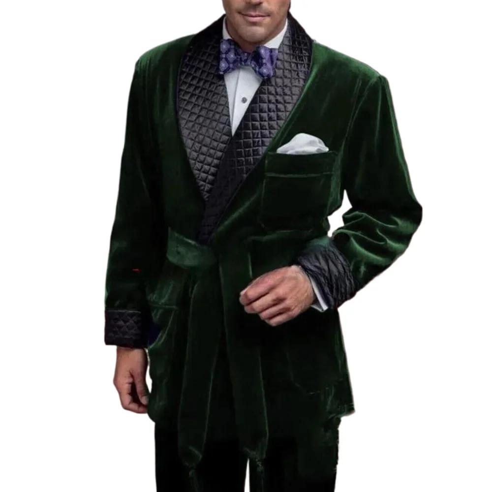 Vestes de costume de fumée en velours vert pour hommes