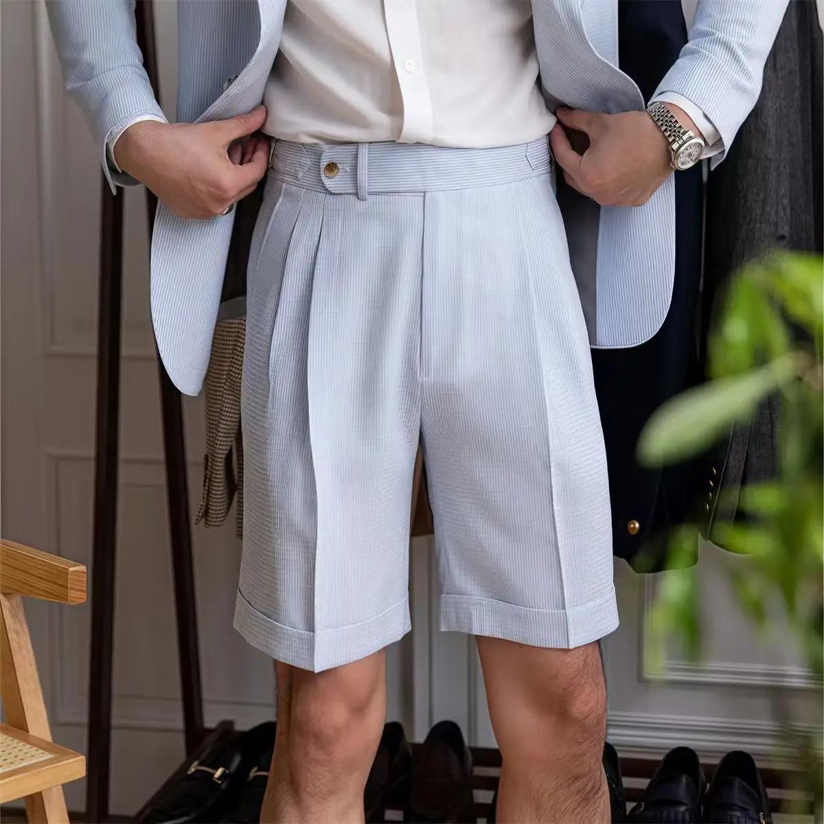 Style italien Naples costume Shorts hommes rayures bleues Seersucker taille haute Paris boucle mode angleterre affaires