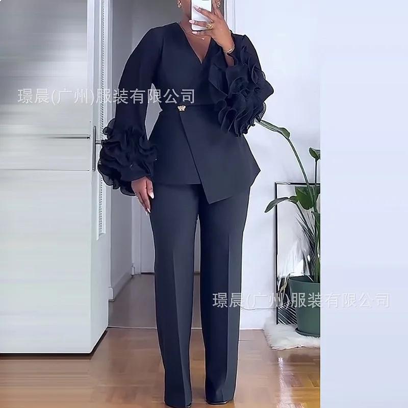 Ensemble assorti Blazer à manches longues Veste de costume Pantalon à bordure en dentelle