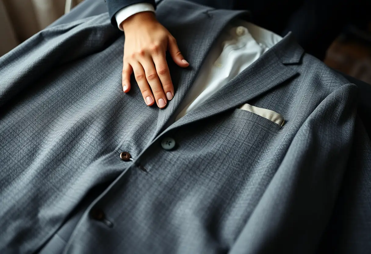Des mains ajustant un costume en twill gris posé sur une coiffeuse, mettant en valeur la texture
