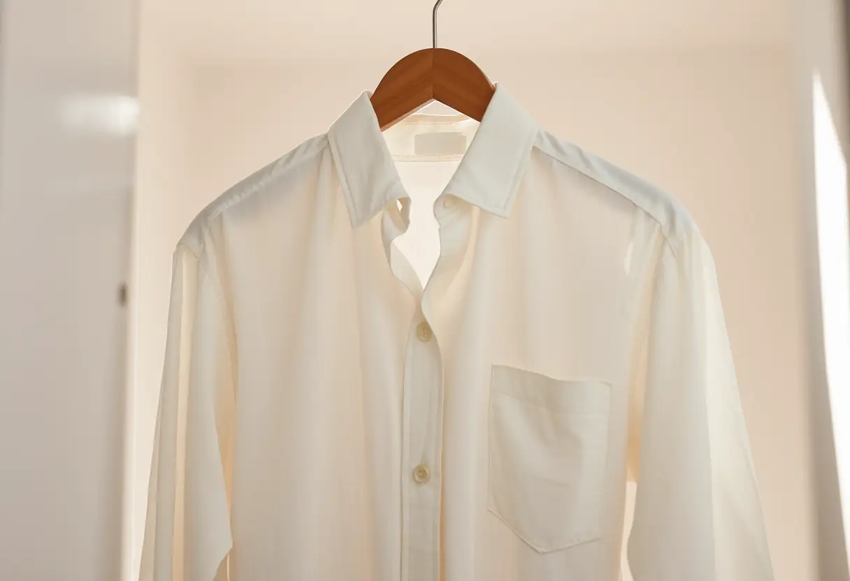 Une chemise en lin bien repassée dans un placard éclairé par la lumière du jour