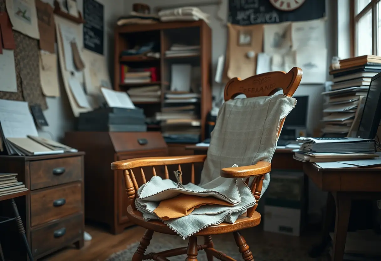 Un fauteuil recouvert de tissus dans un bureau ancien