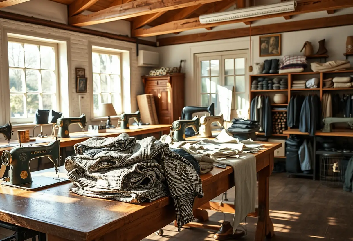 Atelier de tailleur traditionnel, table en bois couverte de tissus variés, reflétant la diversité des matériaux utilisés.