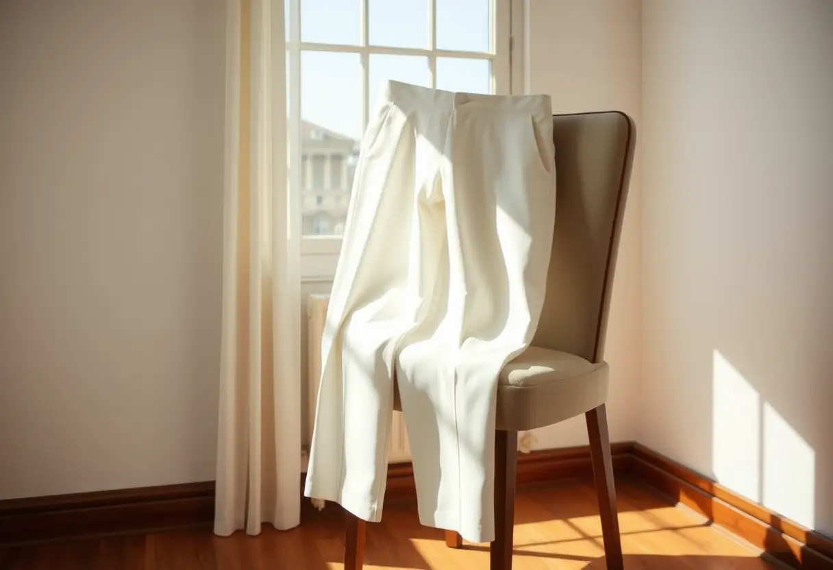 Un pantalon blanc élégant posé sur une chaise dans une pièce lumineuse