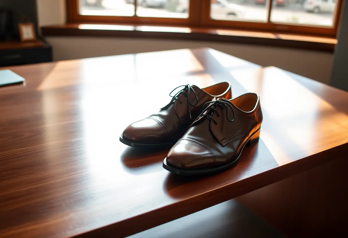 Une paire de chaussures en cuir brun polies sur un bureau en bois lisse, reflétant la lumière du soleil et symbolisant la prête