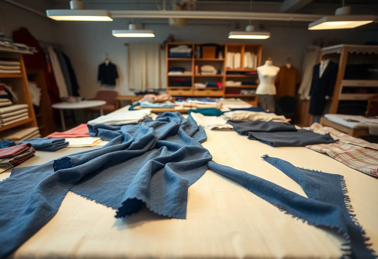 Un bureau de tailleur couvert de divers échantillons de tissus, dont un morceau de laine bleu roi