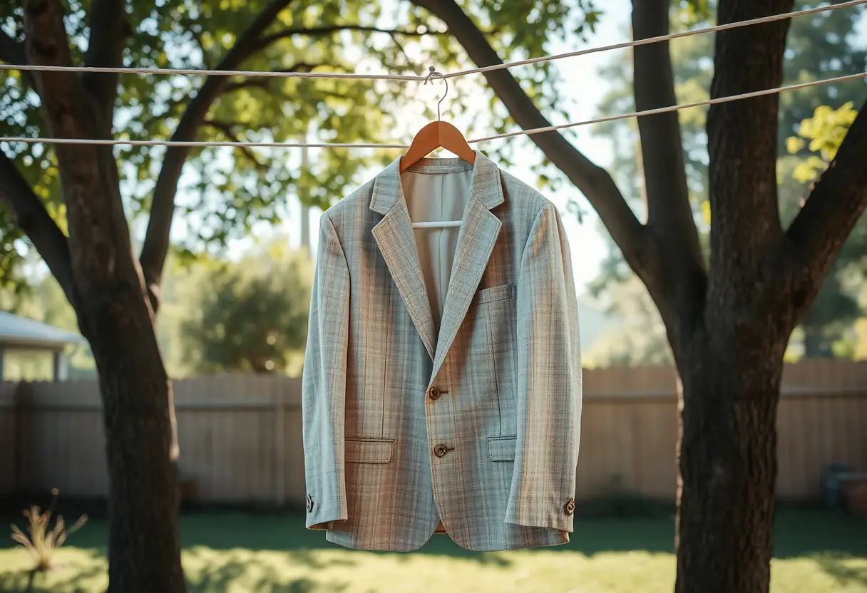 Un costume en lin pend à une corde à linge sous le soleil, arrière-cour