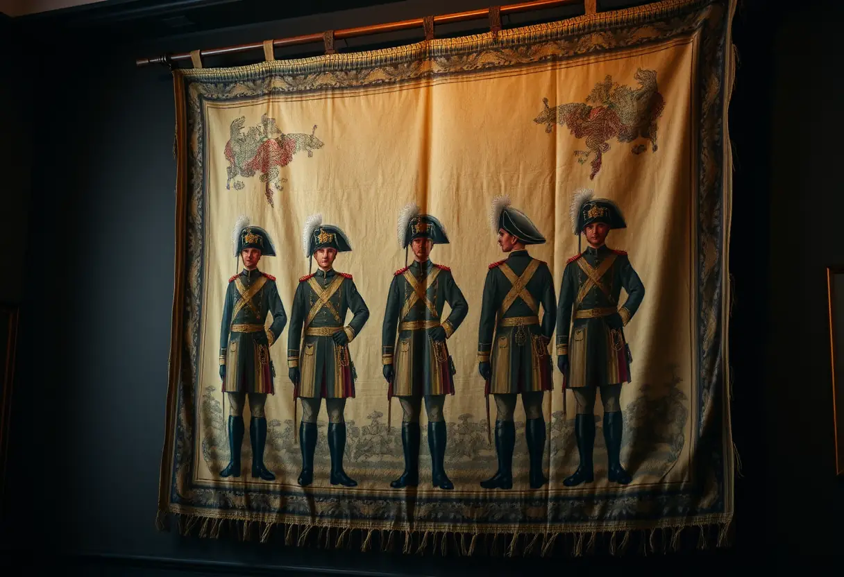 Une tapisserie ancienne montrant des soldats avec des queues de pie dans leurs uniformes